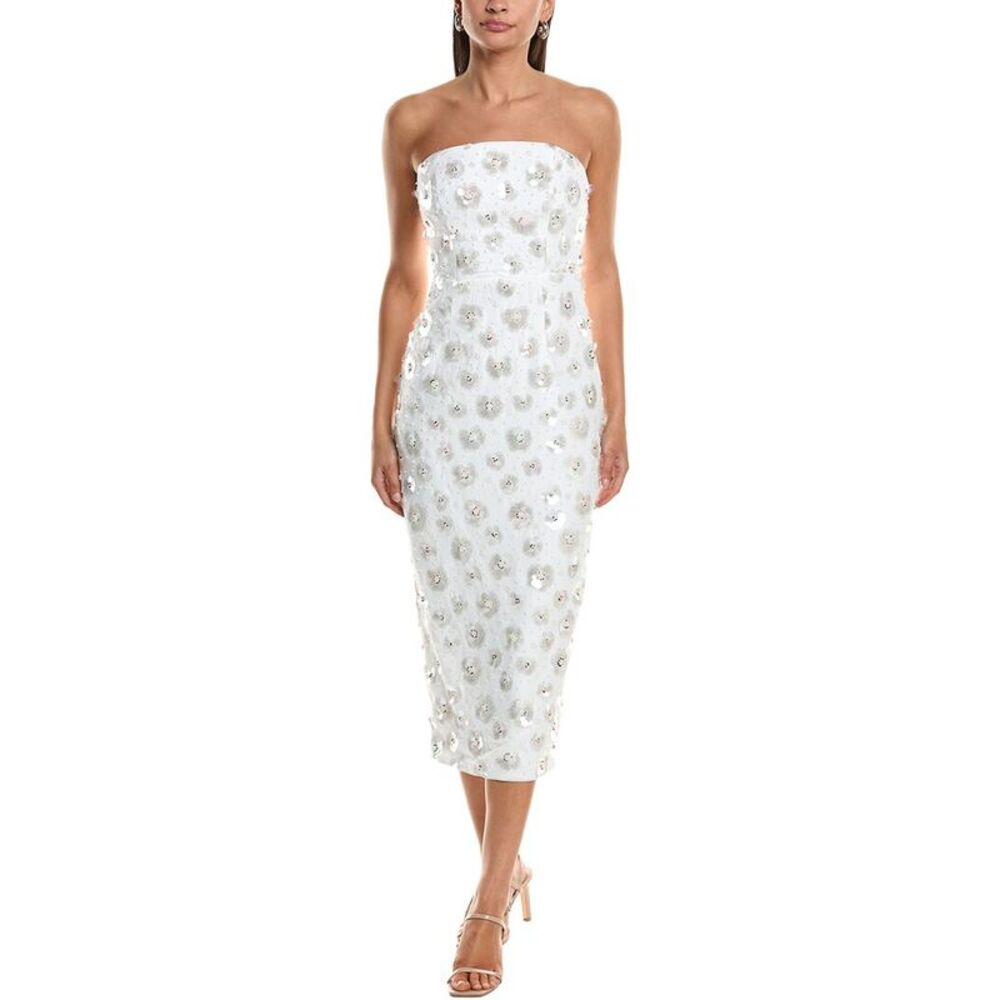 Milly White Strapless Midi Dress with Gold and Silver Floral Embellishments
